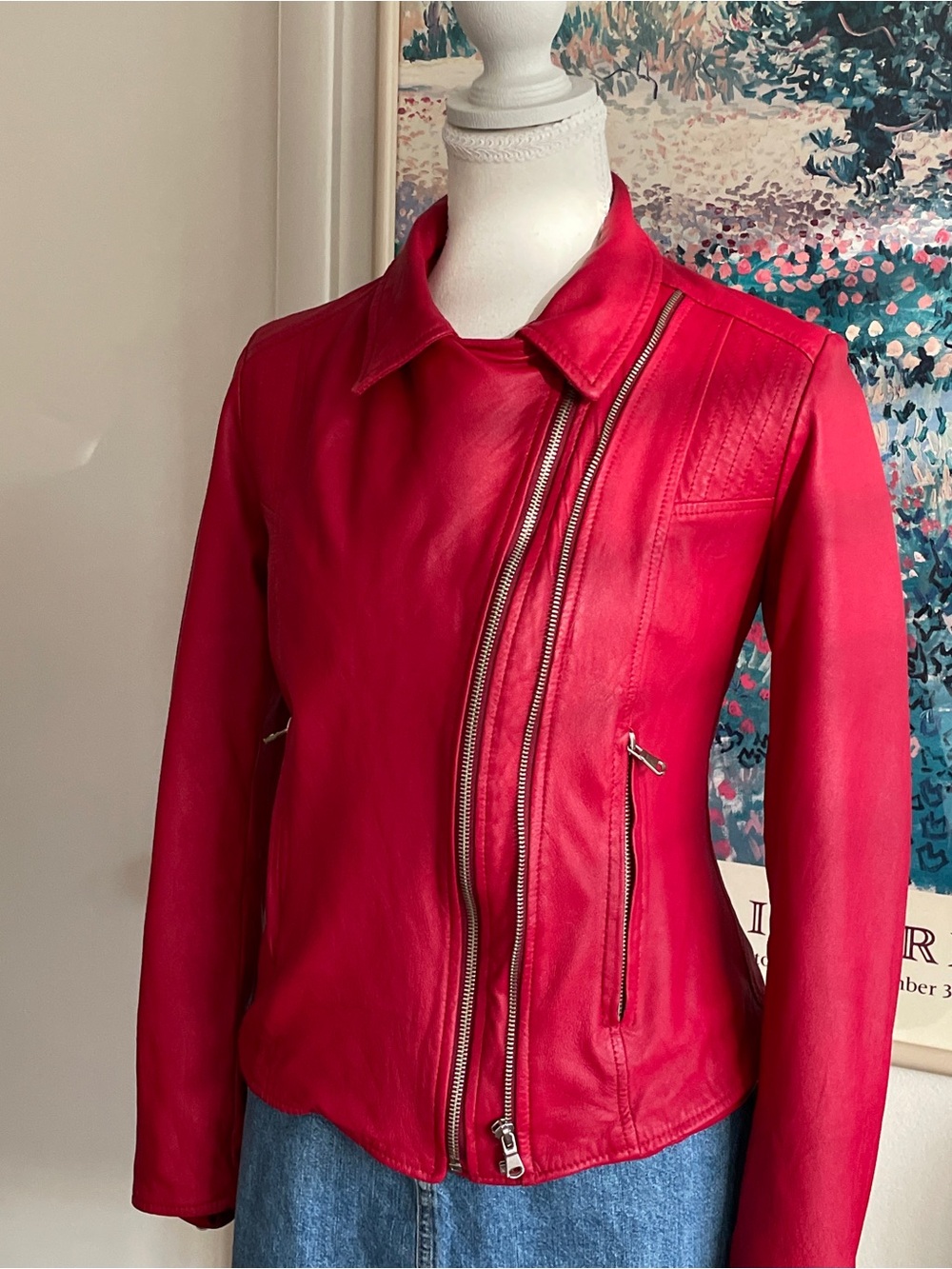 Vera Pelle Leather Moto Jacket Womens Medium Red Genuine Leather Biker Italian - Picture 3 of 11